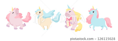 Cute Unicorn with Twisted Horn and Mane Vector Set Cute Unicorn with Twisted Horn and Mane Vector Set 126115028