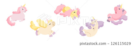 Cute Unicorn with Twisted Horn and Mane Vector Set Cute Unicorn with Twisted Horn and Mane Vector Set 126115029