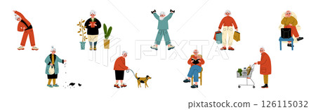 Active Senior Man and Woman Character Enjoy Different Activity Vector Set 126115032
