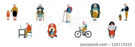 Active Senior Man and Woman Character Enjoy Different Activity Vector Set 126115033