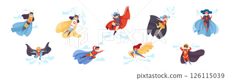 Boy and Girl Superhero Wearing Cloak and Cape Vector Set 126115039