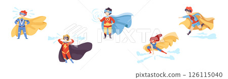 Boy and Girl Superhero Wearing Cloak and Cape Vector Set 126115040