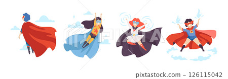 Boy and Girl Superhero Wearing Cloak and Cape Vector Set Boy and Girl Superhero Wearing Cloak and Cape Vector Set 126115042