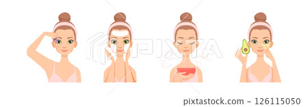 Woman Enjoy Skin Care Routine Daily Procedure Vector Set 126115050