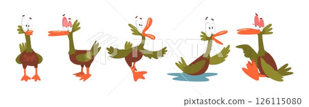 Funny Green Duck Character as Feathered Waterfowl Bird Vector Set 126115080