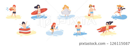 Children at Sea Sunbathing on Beach and Seashore Vector Set Children at Sea Sunbathing on Beach and Seashore Vector Set 126115087