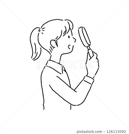 Woman looking through a magnifying glass Line drawing 126115092