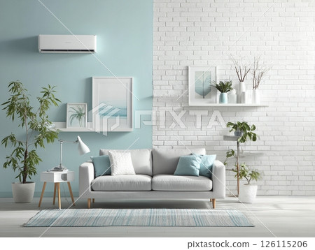 A natural, modern, refreshing living room surrounded by plants and art 126115206