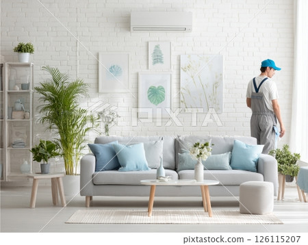 Natural modern living room with air conditioner cleaner 126115207