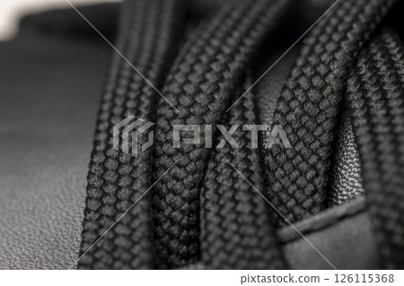 laces on leather shoes, details of the laces for black shoes close up, side view laces on leather shoes, details of the laces for black shoes close up, side view 126115368