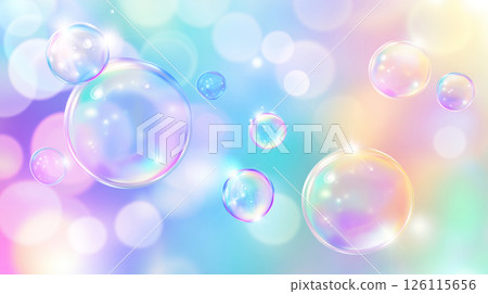 Soft pastel background with floating iridescent soap bubbles and glowing reflections ideal for dreamy, minimal designs with space for text or branding. 126115656