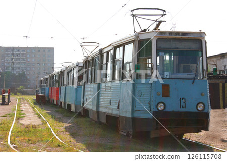 Old Colourful Tram In Motion in a City  126115708
