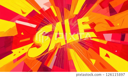 Bright red, yellow, and orange hues create an energetic sale background with dynamic light rays. Ideal for commercial ads and event promotions to attract attention during shopping seasons. 126115897