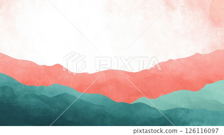Layered peaks with coral and teal gradients in abstract travel backdrop ideal for adventure ads and tour flyers. 126116097
