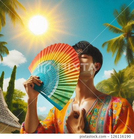 A man avoiding the summer heat with a colorful fan 126116190