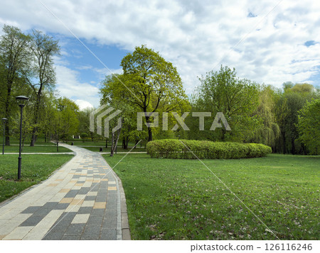 Beautiful city park with modern patterned walking path, lush green trees and bushes, and streetlights along the trail. Peaceful natural environment perfect for recreation and relaxation Beautiful city park with modern patterned walking path, lush green trees and bushes, and streetlights along the trail. Peaceful natural environment perfect for recreation and relaxation 126116246