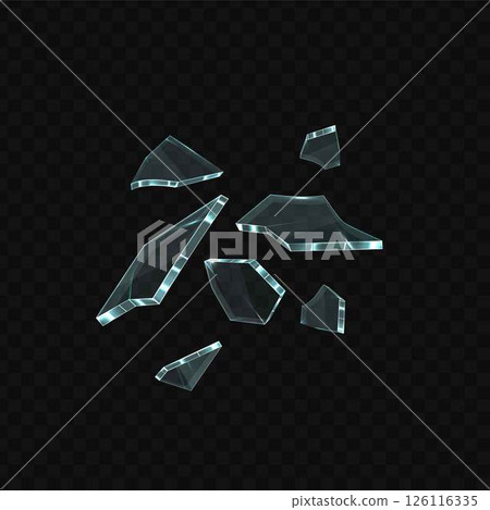 Broken glass shatter and pieces, vector 3d realistic explode window shard fragments, flying transparent sharp debris 126116335