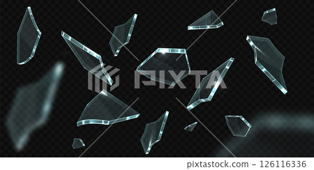 Exploding flying shards of broken glass, different shapes and sharp jagged edges. 126116336