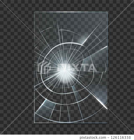 Broken glass shatter, vector realistic transparent screen crack overlay effect background, window hit splits surface 126116338