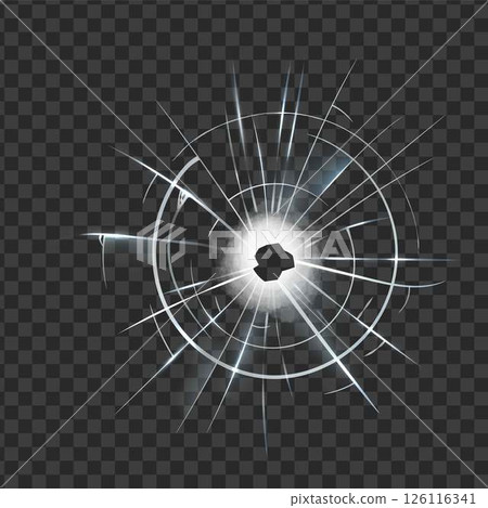 Broken glass shatter and hole, vector realistic screen cracked overlay effect on transparent background, window splits 126116341