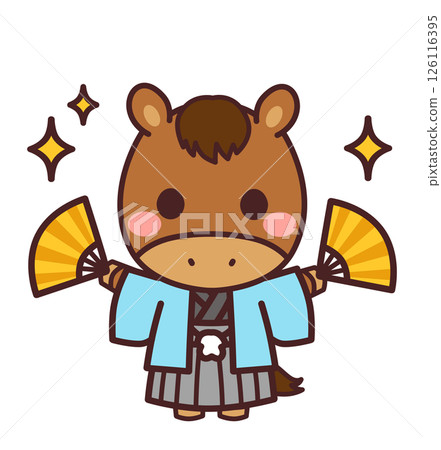 一隻可愛的馬角色，雙手拿著扇子，穿著和服，插圖素材 126116395