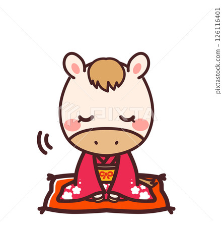 穿著和服的可愛的馬角色,女孩,鞠躬,插圖素材 穿著和服的可愛的馬角色,女孩,鞠躬,插圖素材 126116401