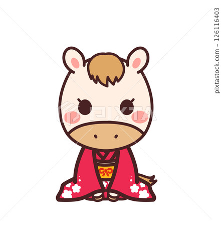穿著和服的可愛馬角色女孩插畫 穿著和服的可愛馬角色女孩插畫 126116403