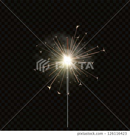 Bengal fire. Vector realistic illustration of burning party popper with bright sparks and smoke. 126116423