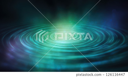 Glowing abstract radiation waves, concentric light circles, pulsing energy field in dark background, neon green and electric blue, science fiction vibes 126116447