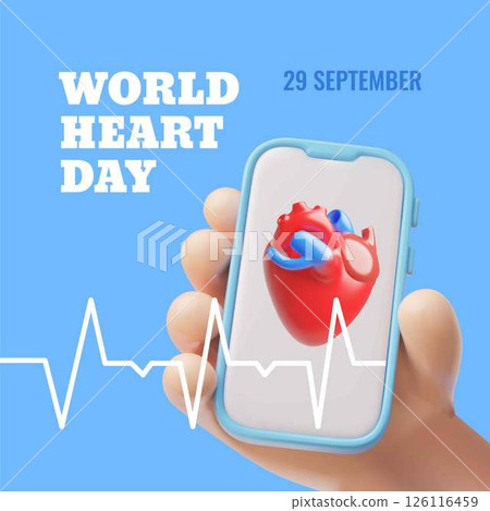 3D poster with a hand holding a smartphone with a heart on the screen. 126116459