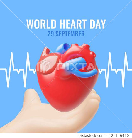 3D vector poster with heart on palm and heartbeat line. 126116460