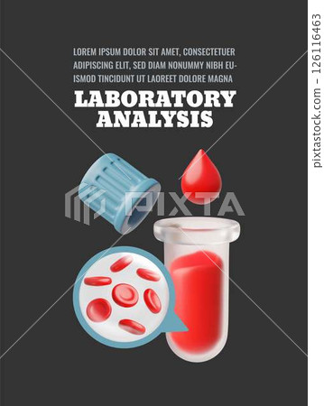 Blood test. 3d poster with test tube, blood drop and red blood cells. 126116463