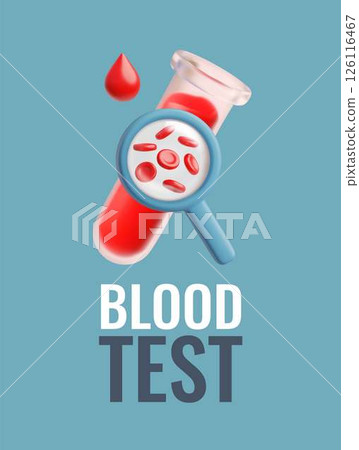 3D poster with blood test tube and magnifying glass with erythrocytes on blue background. 126116467