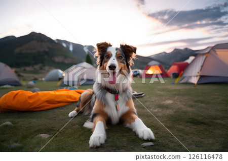 Portrait of beautiful Australian Shepherd dog in front of camping tent in mountain forest. Journey, vacation, walking with a pet  126116478