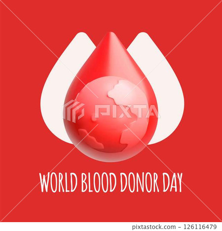 World blood donor day vector 3D poster design, volume Earth planet in blood drop, cartoon medicine and donation concept 126116479