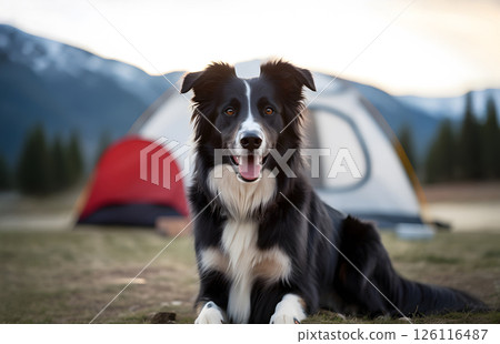 Portrait of beautiful Australian Shepherd dog in front of camping tent in mountain forest. Journey, vacation, walking with a pet  126116487