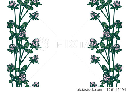 Botanical vertical floral border isolated on white background. Hand drawn clover plant with pink Flowers green Leaves Stems vector illustration. Graphic design element for Birthday Wedding Greeting 126116494