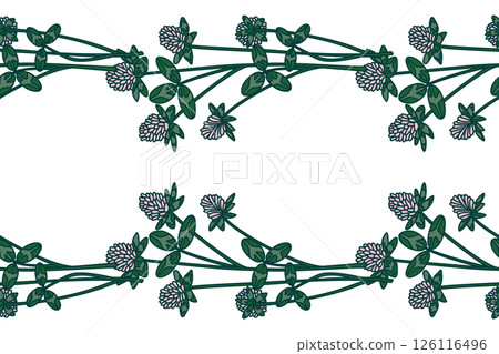 Botanical floral border isolated on white background. Hand drawn clover plant with pink Flowers green Leaves Stems vector illustration. Graphic design element for Birthday Wedding Greeting Card Flyer 126116496