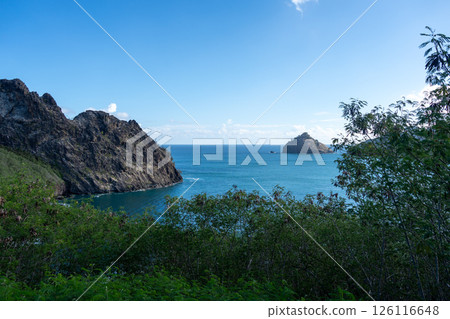 Cliffs and coastline of Taiohae Bay in Nuku Hiva, Marquesas Islands, French Polynesia 126116648