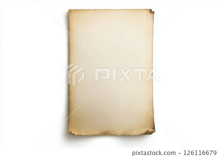 Old vintage blank paper sheet isolated on white background with clipping path, top-down view for design, poster, print or photo mockup with retro texture 126116679