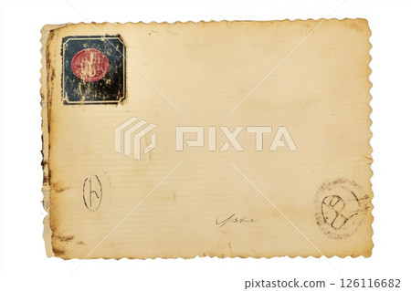 Vintage yellowed postcard with torn edge, featuring a black and red stamp and a handwritten message. Nostalgic and antique appearance, capturing the essence of old-fashioned communication 126116682