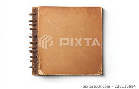 Closed spiral-bound book with a worn, aged brown cover. Classic and vintage design perfect for literary themes. Simple yet sophisticated presentation on a clean white background 126116684
