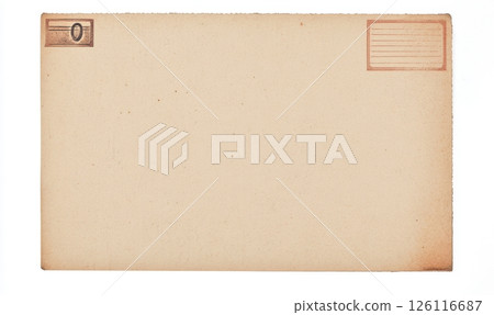 Vintage-style empty postcard or envelope in beige or light brown color. Aged corners and blank areas for stamp and address. Nostalgic look of unused postal item with simple design 126116687