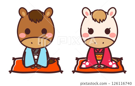 Cute horse characters wearing kimonos, male and female, illustration material Cute horse characters wearing kimonos, male and female, illustration material 126116740