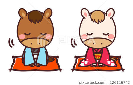 穿著和服的可愛馬角色，男人和女人，鞠躬，插圖素材 126116742