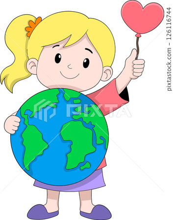 Cartoon Illustration World Peace Girl Globe Heart Balloon Cartoon Illustration World Peace Girl Globe Heart Balloon 126116744