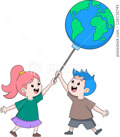 Cartoon of Two Boys and a Girl Holding Globe Balloons 126116745