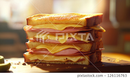 Stack of toasted Cuban sandwiches on rustic wooden board with melted cheese, ham, pickles, and mustard, warm light and cozy kitchen background, comfort food scene 126116763