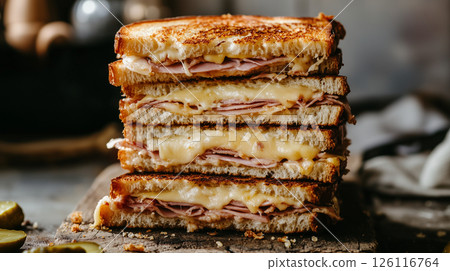 Stack of toasted Cuban sandwiches on rustic wooden board with melted cheese, ham, pickles, and mustard, warm light and cozy kitchen background, comfort food scene 126116764