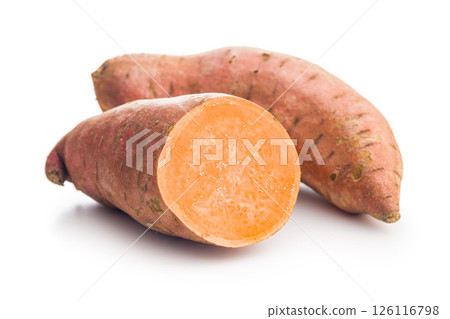 Raw sweet potatoes isolated on white background.. 126116798